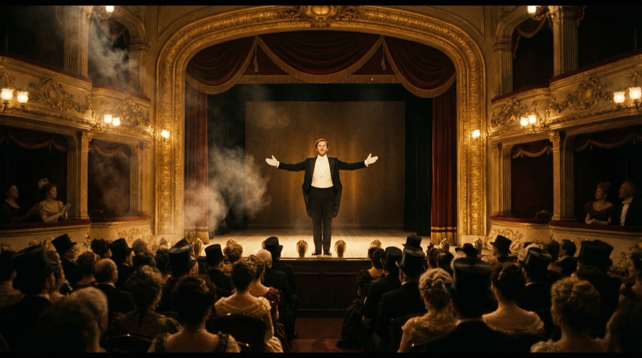 AI-generated scene of a magician performing for a 19th century theater audience