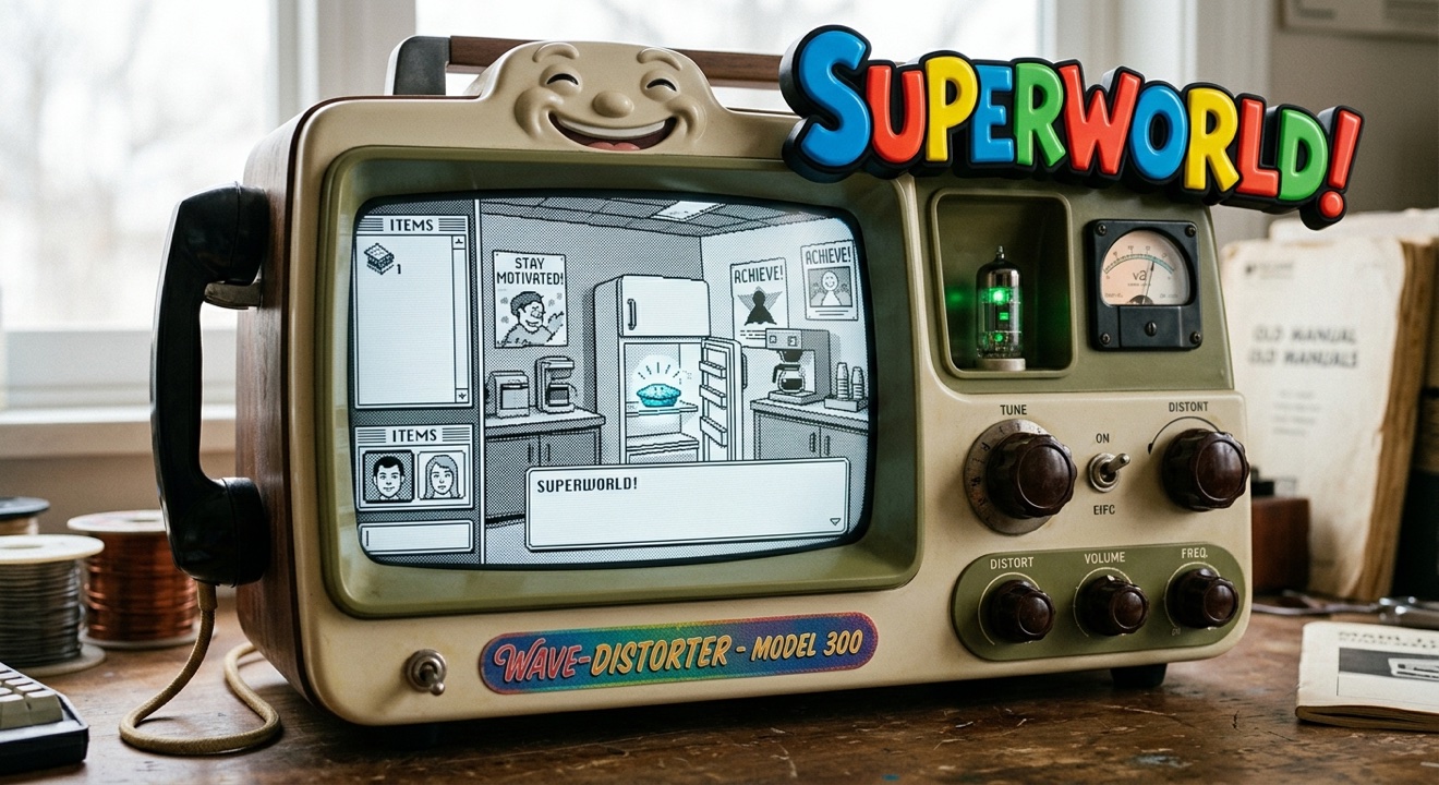 SUPERWORLD! Wave-Distorter Model 300 showing a MacVenture-style break room scene